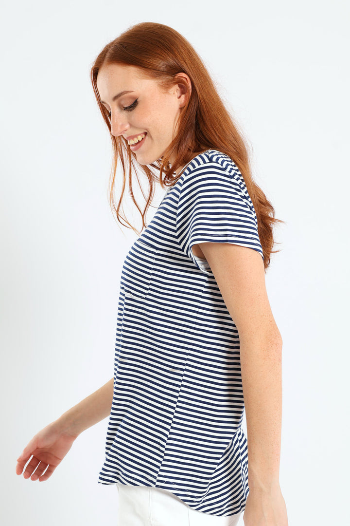 Skinny Stripe Pocket Tee - Navy/White