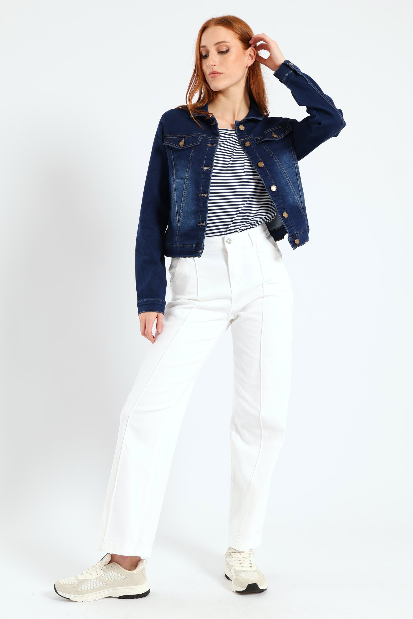 Ladies Long Sleeve Classic Knit Denim Trucker Jacket - Dark Wash