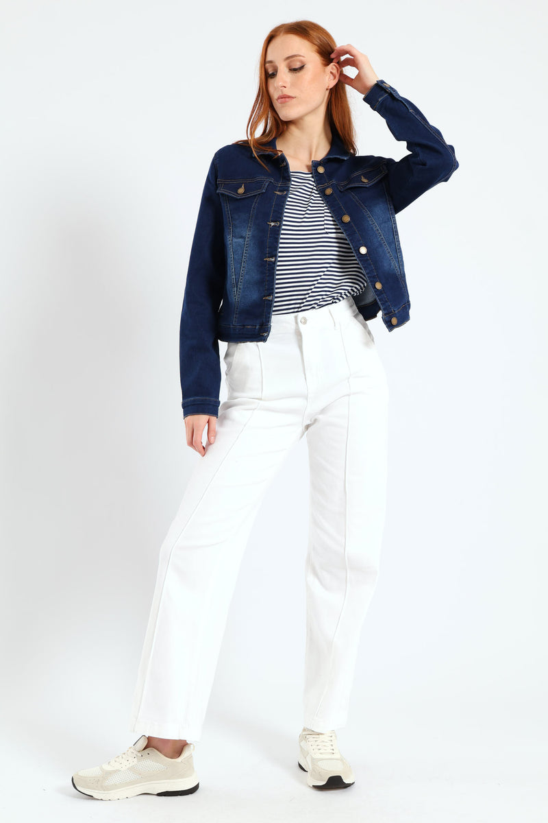 Long Sleeve Classic Knit Denim Trucker Jacket - Dark Wash