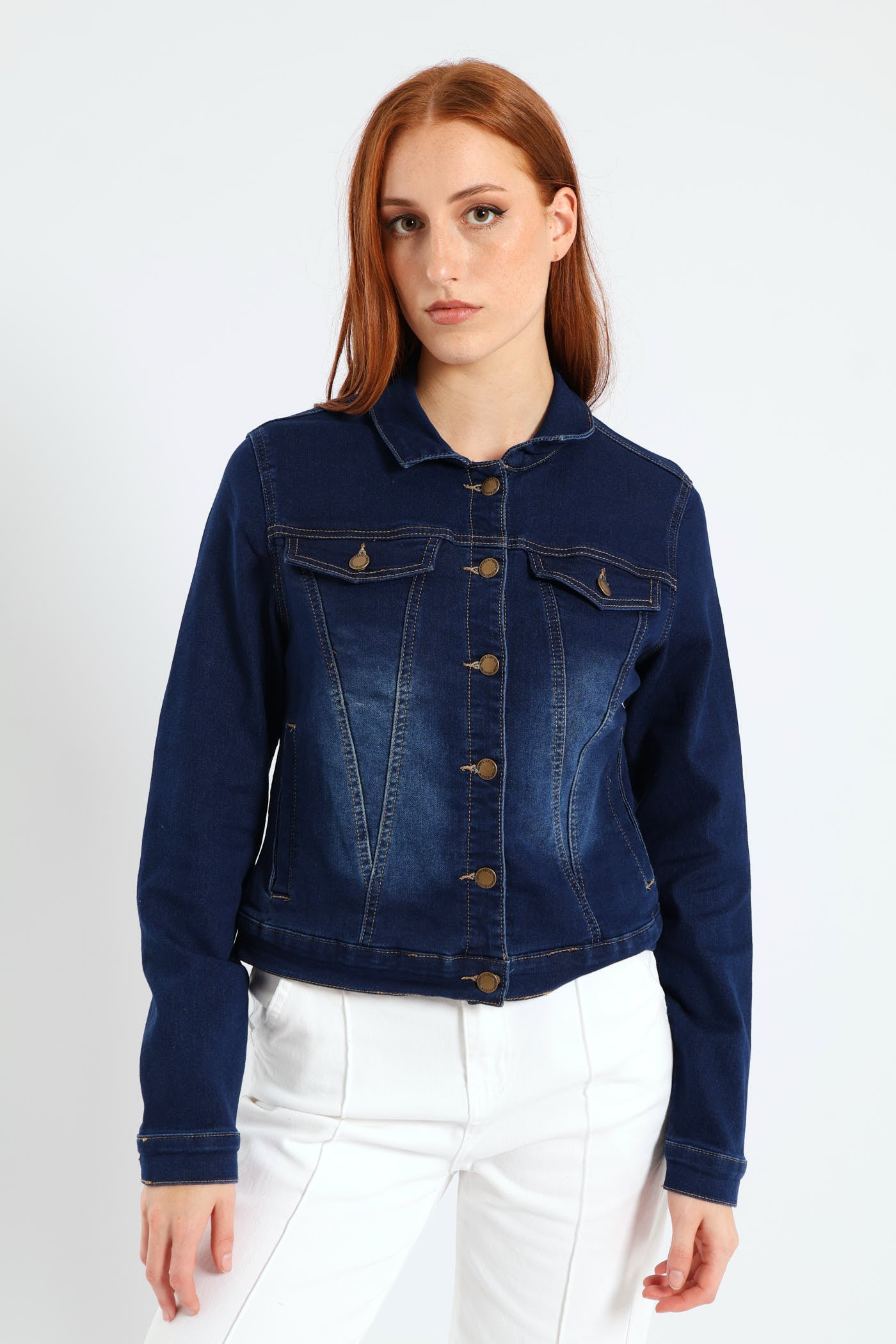 Ladies Long Sleeve Classic Knit Denim Trucker Jacket - Dark Wash