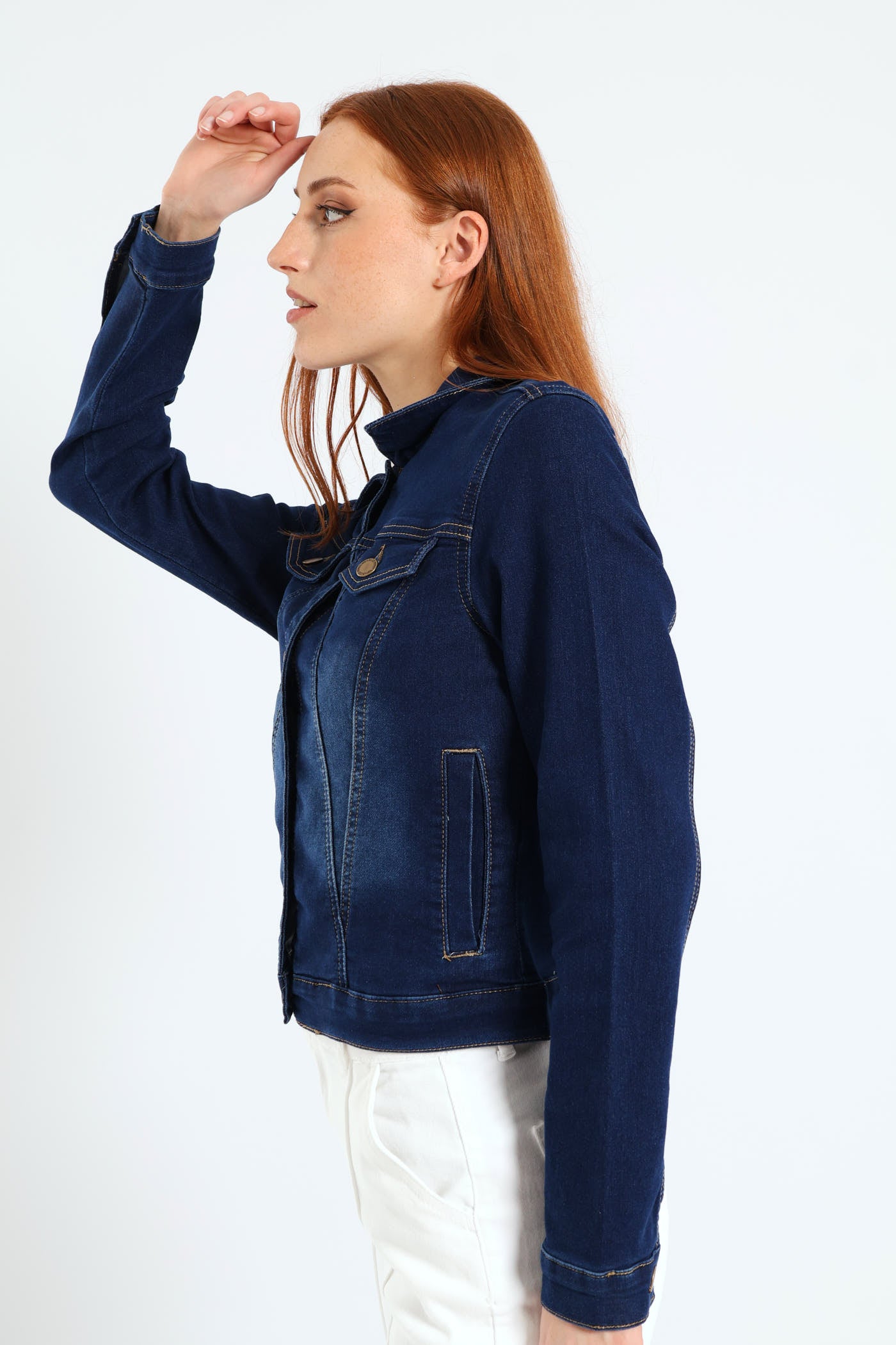 Ladies Long Sleeve Classic Knit Denim Trucker Jacket - Dark Wash