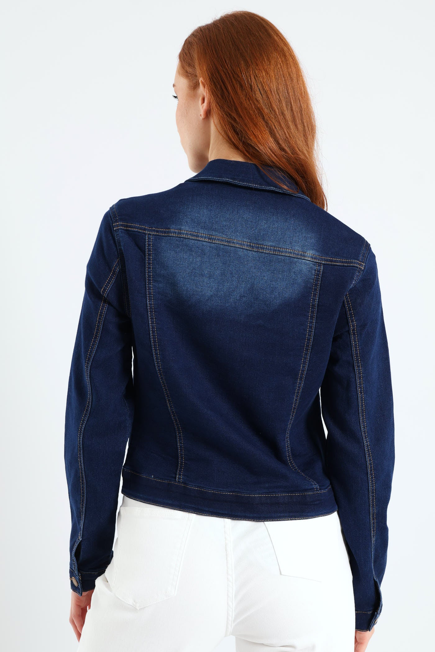 Ladies Long Sleeve Classic Knit Denim Trucker Jacket - Dark Wash
