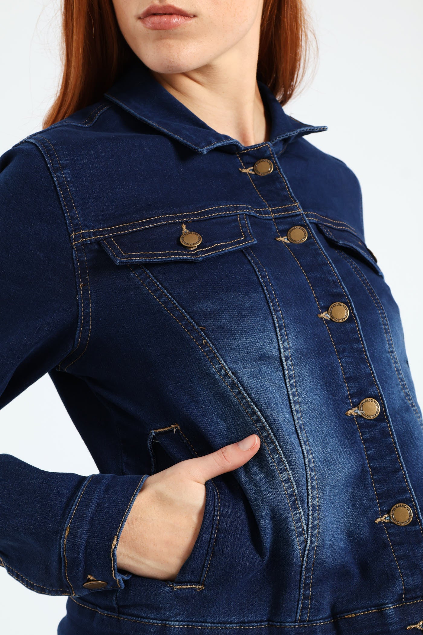 Ladies Long Sleeve Classic Knit Denim Trucker Jacket - Dark Wash