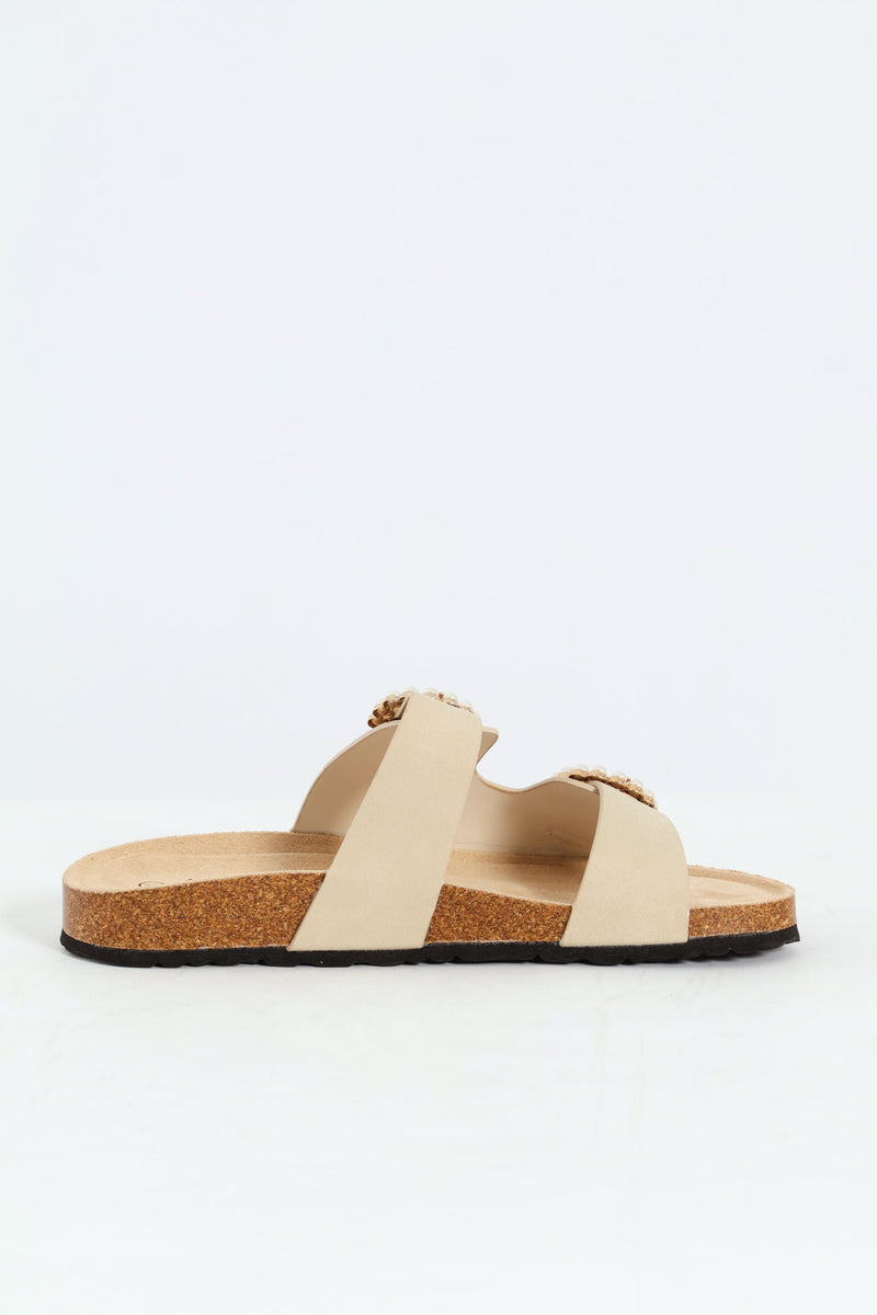 Pearl Buckle Detail Slide - Natural