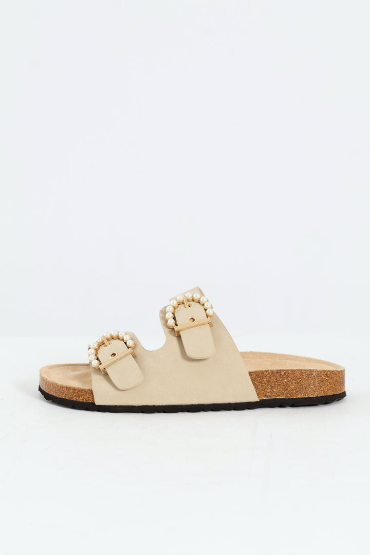 Pearl Buckle Detail Slide - Natural
