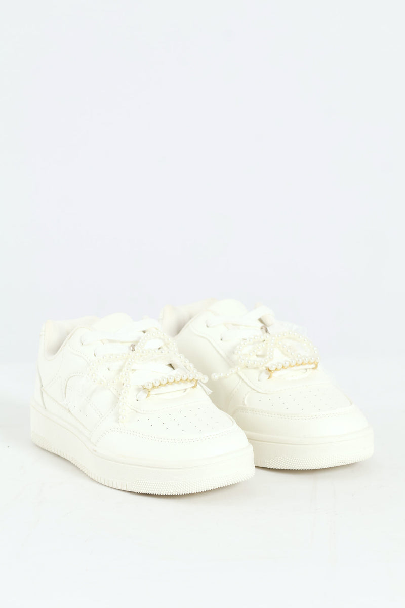 Girls Pearl Trim Basic Sneaker - White
