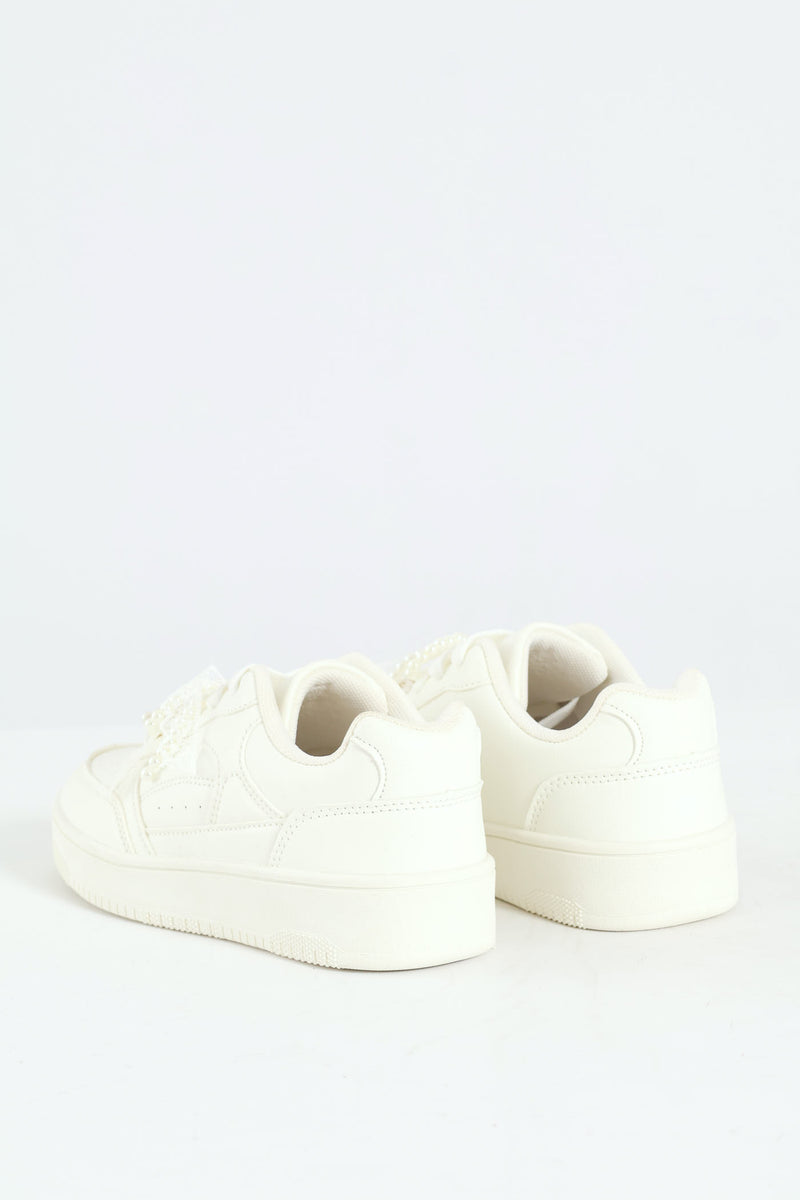 Girls Pearl Trim Basic Sneaker - White