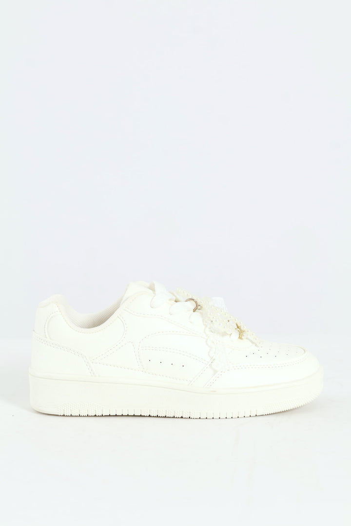 Girls Pearl Trim Basic Sneaker - White