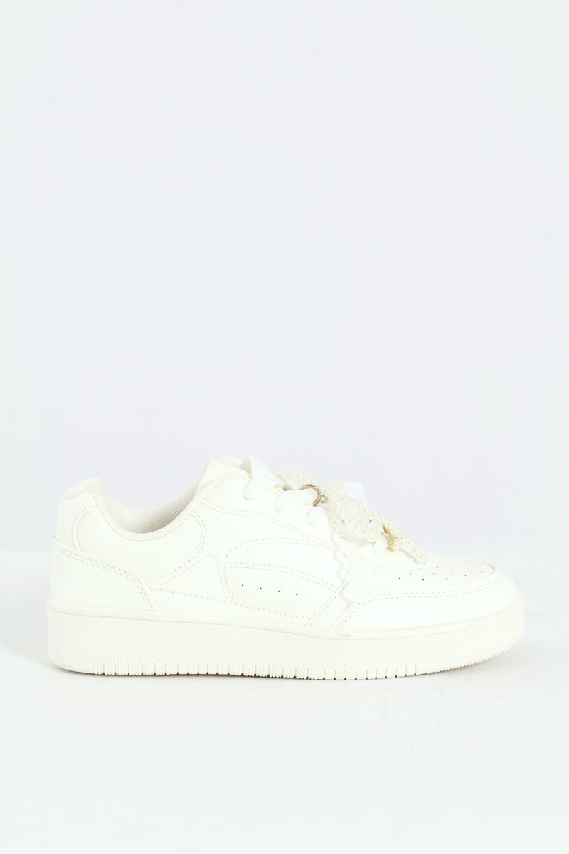 Girls Pearl Trim Basic Sneaker - White