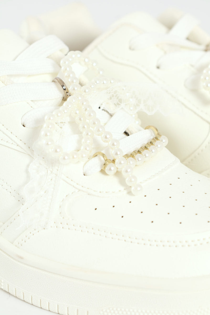 Girls Pearl Trim Basic Sneaker - White