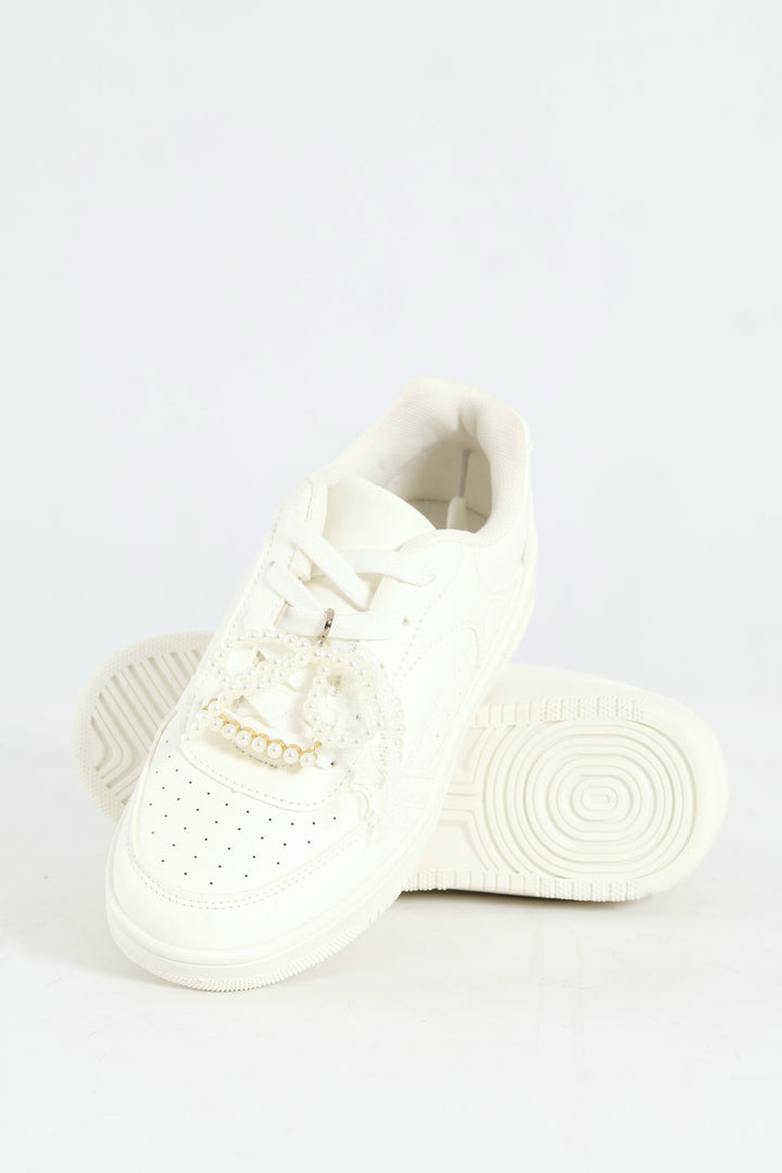 Girls Pearl Trim Basic Sneaker - White
