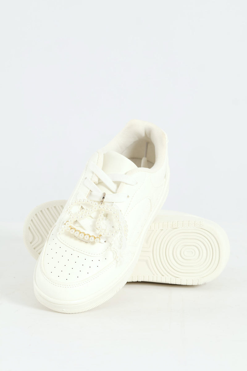 Girls Pearl Trim Basic Sneaker - White