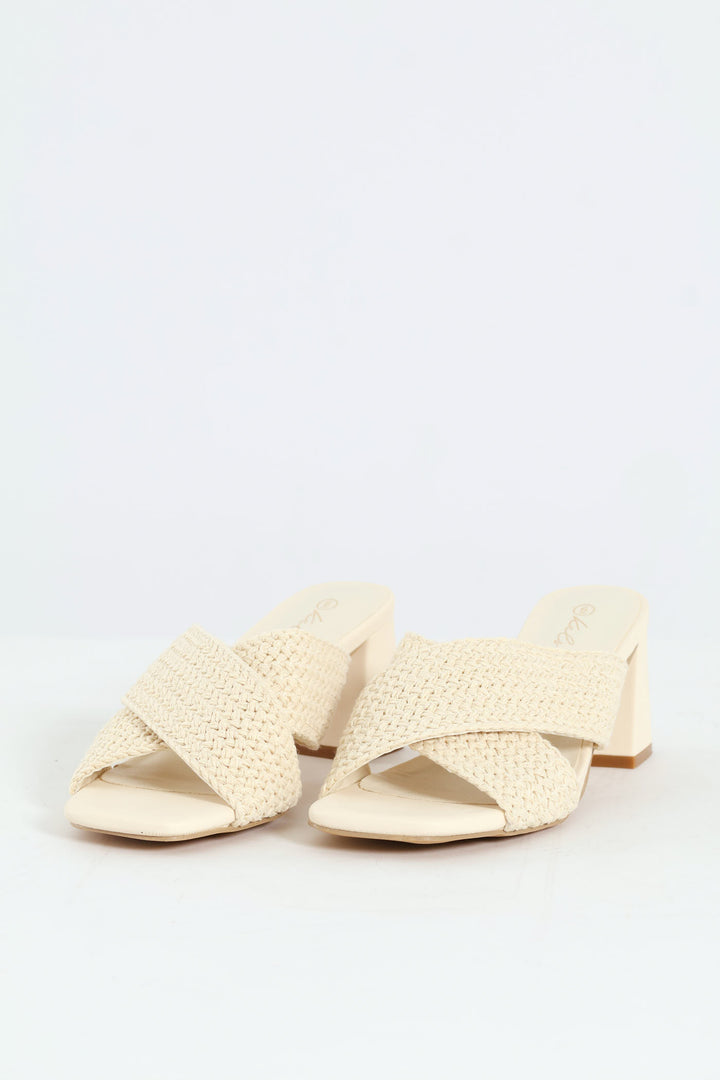 Cross Strap Weave Heeled Sandal - Cream