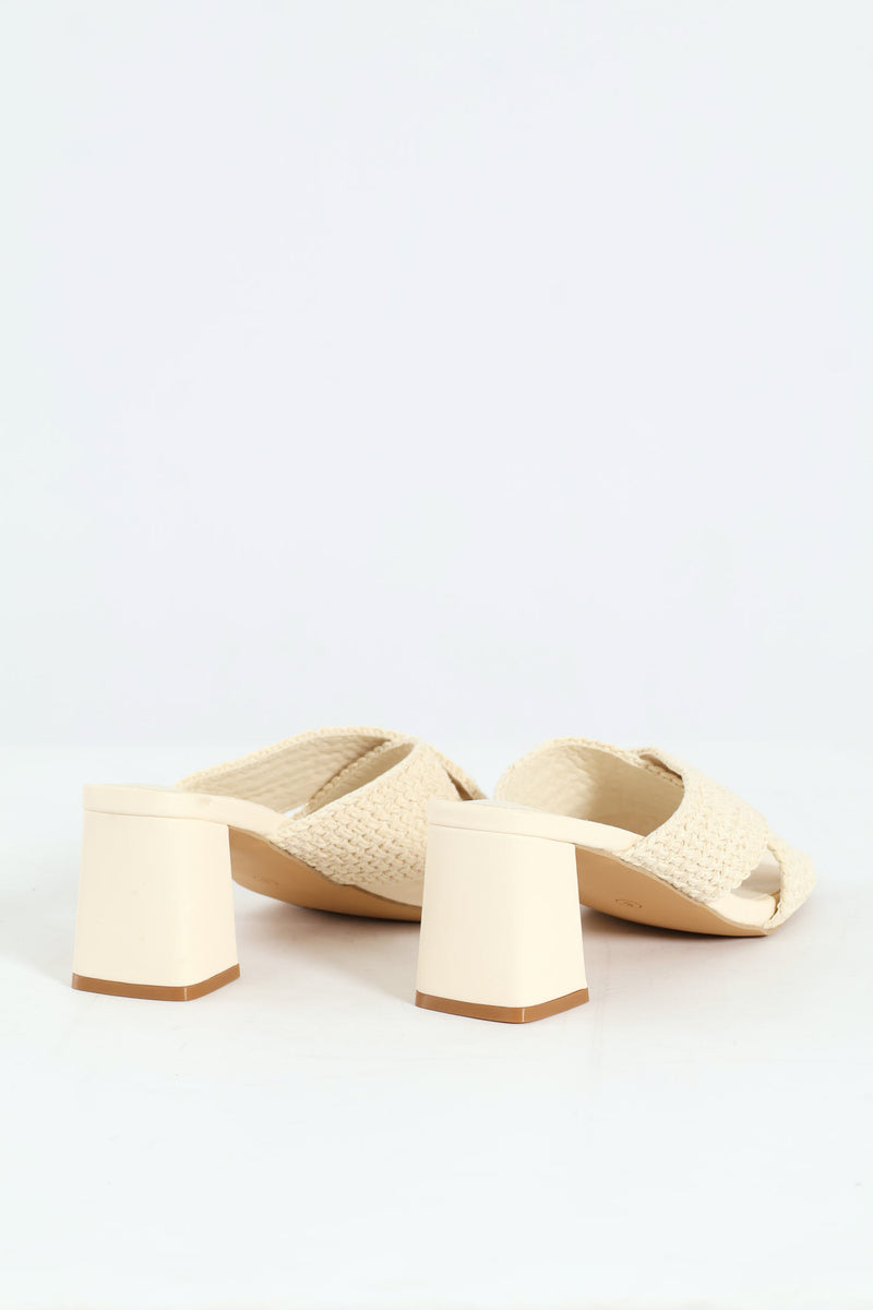 Cross Strap Weave Heeled Sandal - Cream