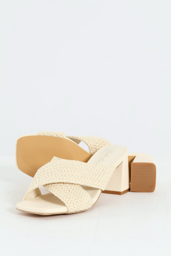 Cross Strap Weave Heeled Sandal - Cream