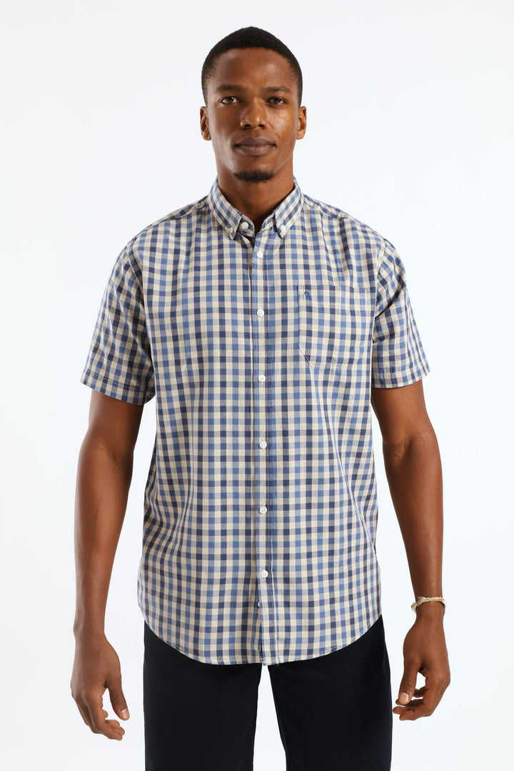 Short Sleeve Check Button Down Shirt - Taupe/Navy