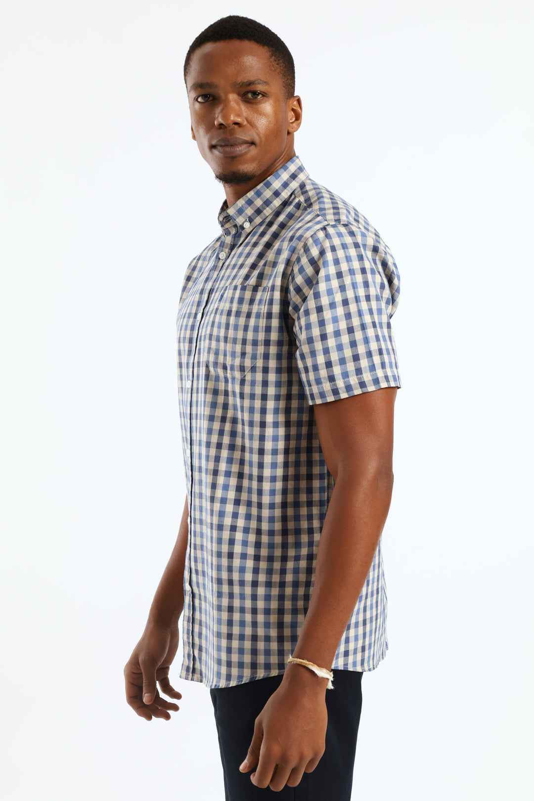 Short Sleeve Check Button Down Shirt - Taupe/Navy