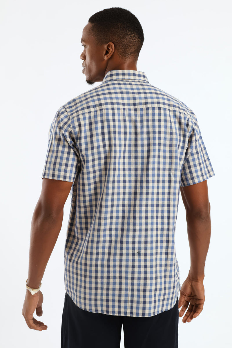 Short Sleeve Check Button Down Shirt - Taupe/Navy