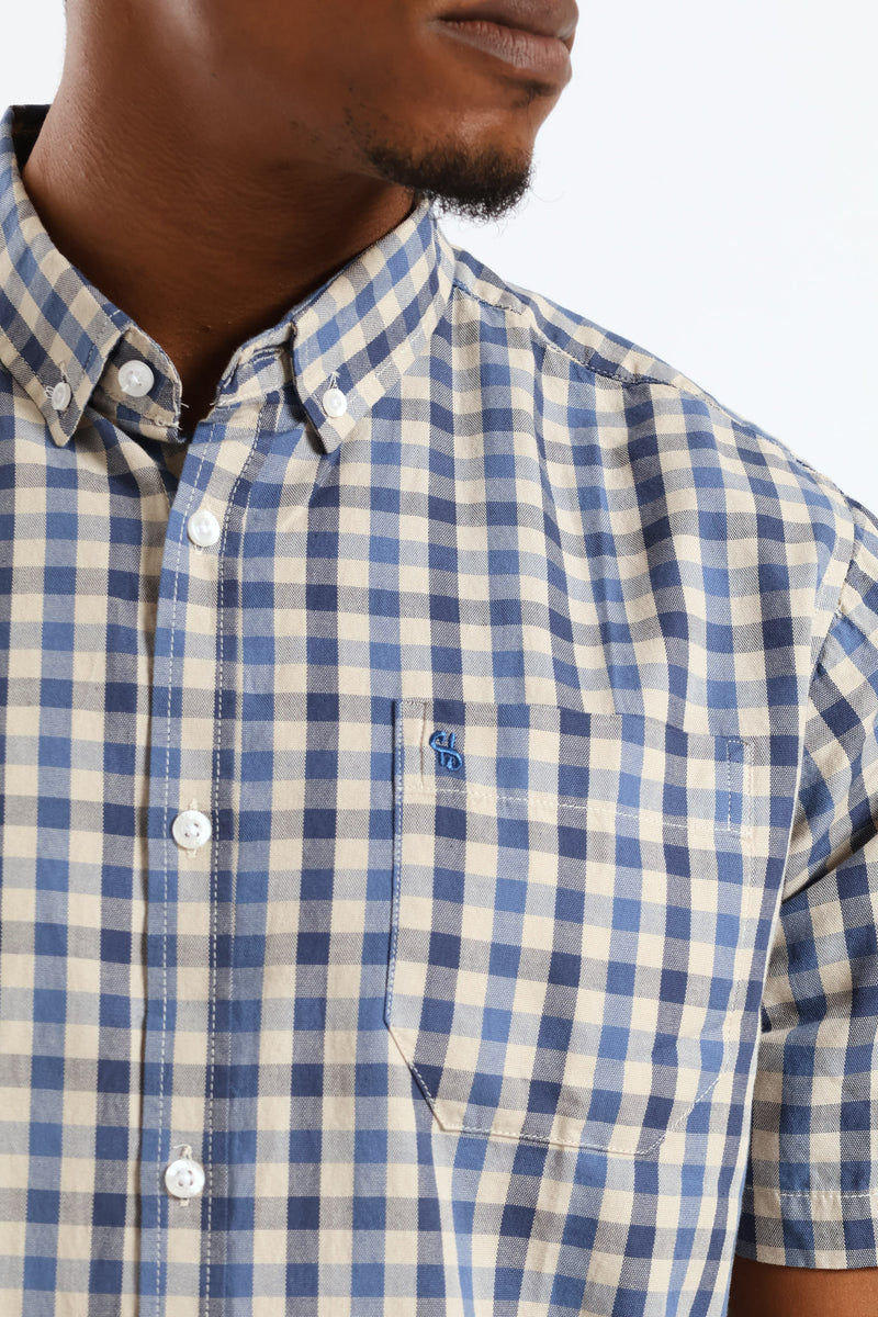 Short Sleeve Check Button Down Shirt - Taupe/Navy
