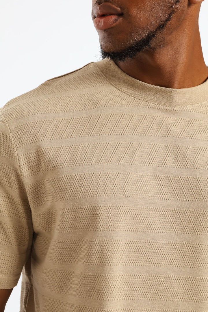 Basic Stripe Waffle Tee - Taupe