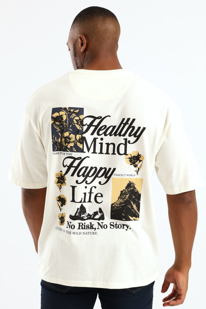 Happy Life Oversize Print Tee - Ecru