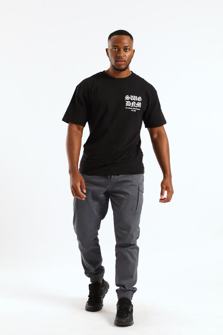 Short Sleeve Back Print Gothic Font Tee - Black