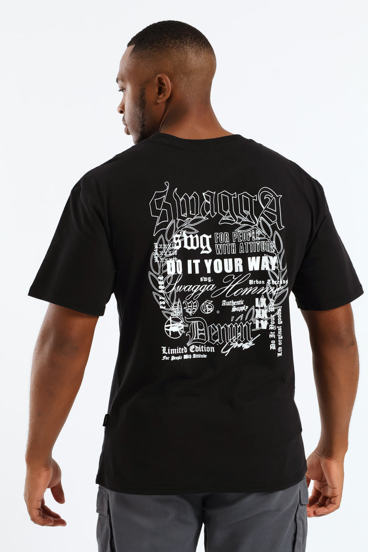 Short Sleeve Back Print Gothic Font Tee - Black