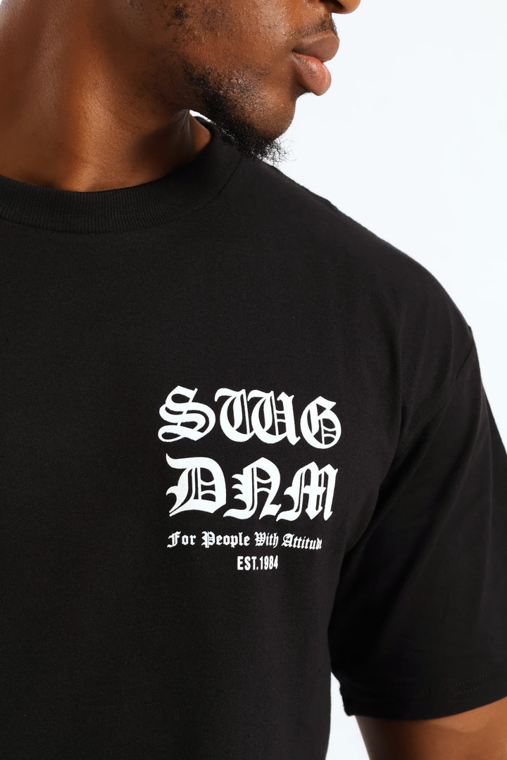 Short Sleeve Back Print Gothic Font Tee - Black