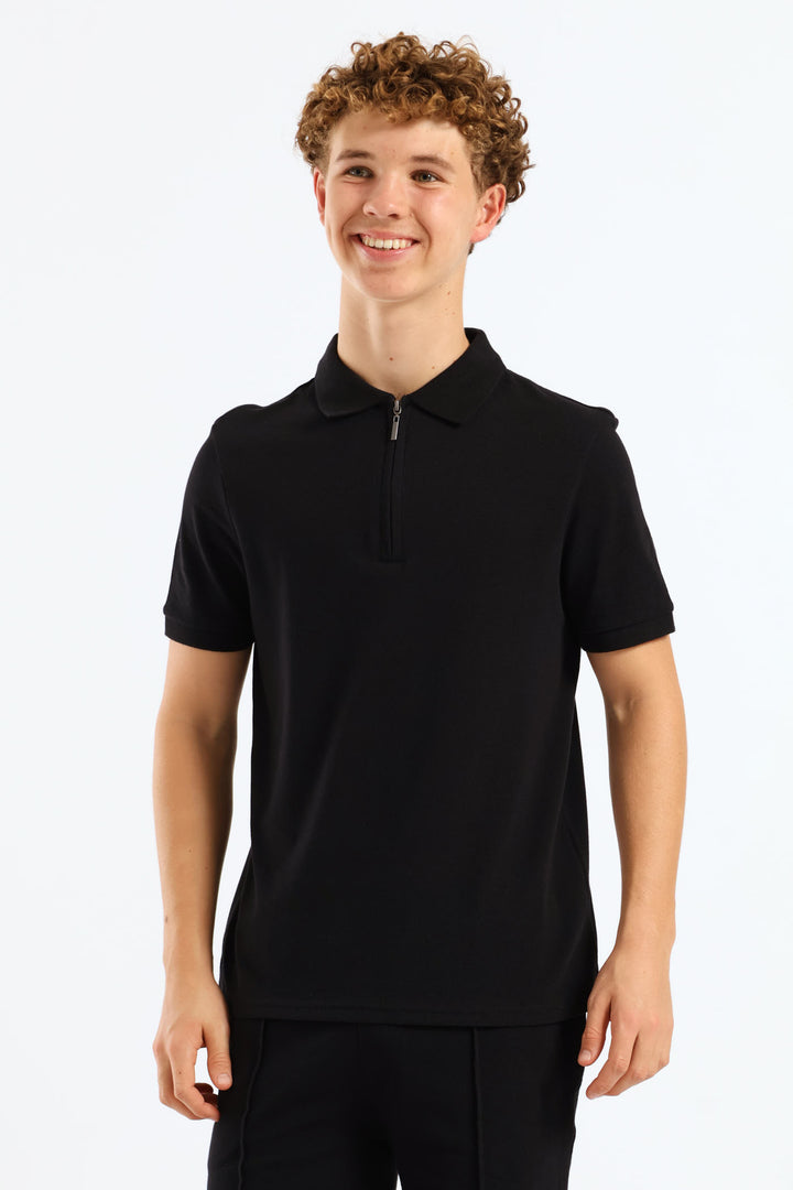 Boys Pique Zip Golfer - Black