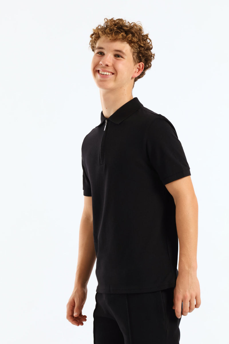 Boys Pique Zip Golfer - Black
