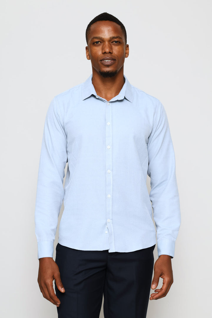 Slim Minimal Herringbone Textured Shirt - Light Blue