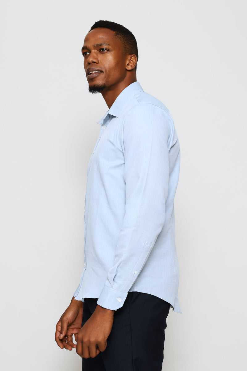 Slim Minimal Herringbone Textured Shirt - Light Blue