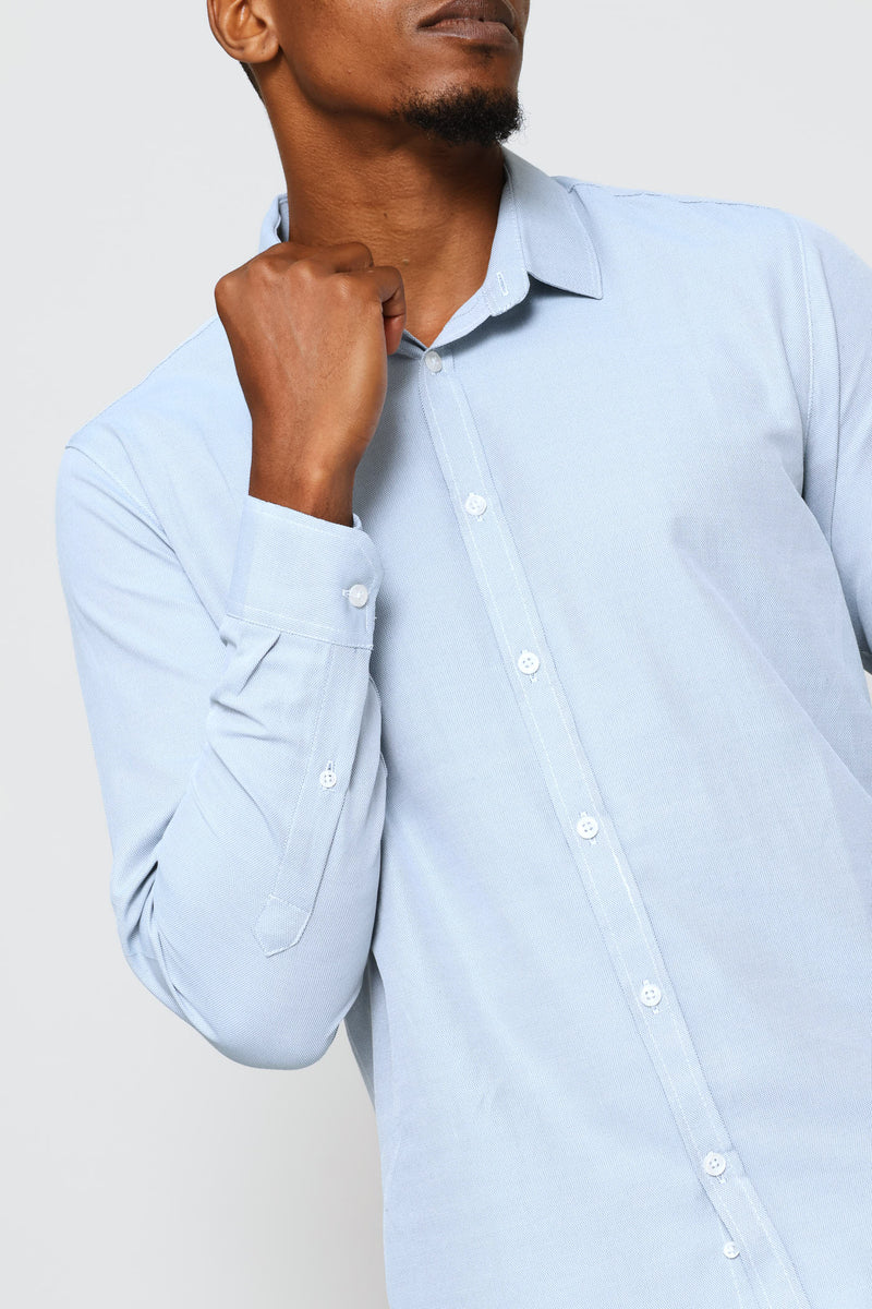 Slim Minimal Herringbone Textured Shirt - Light Blue