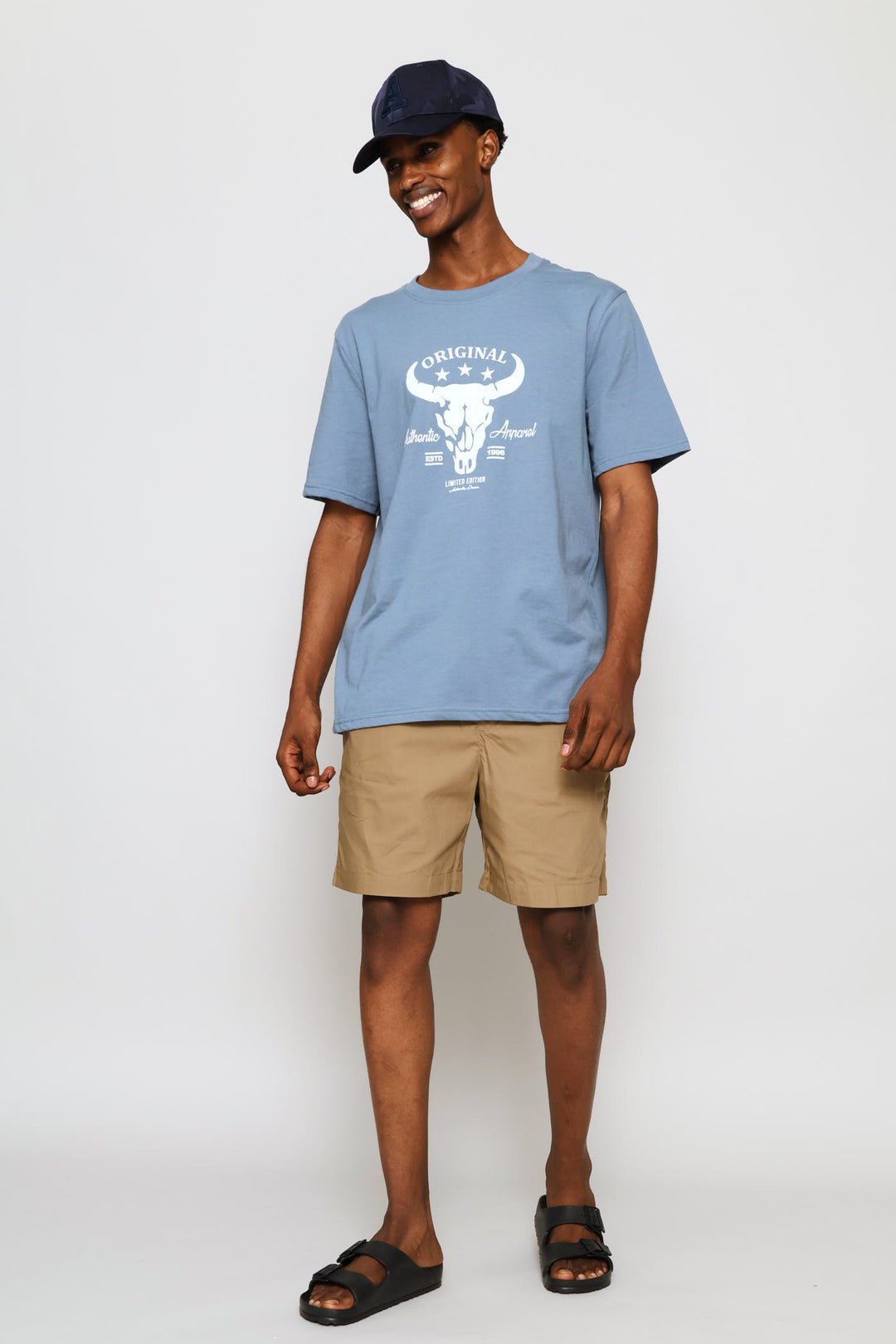 Bull Skull Print Tee - Dusty Blue