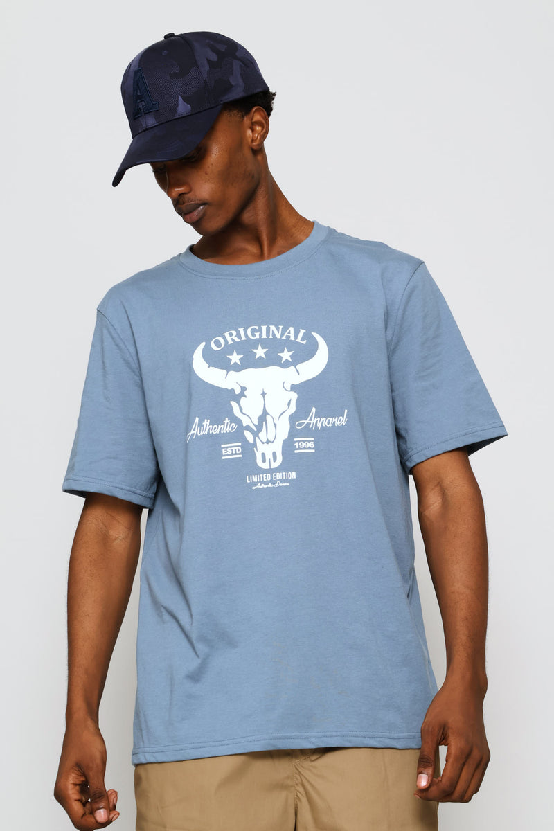 Bull Skull Print Tee - Dusty Blue