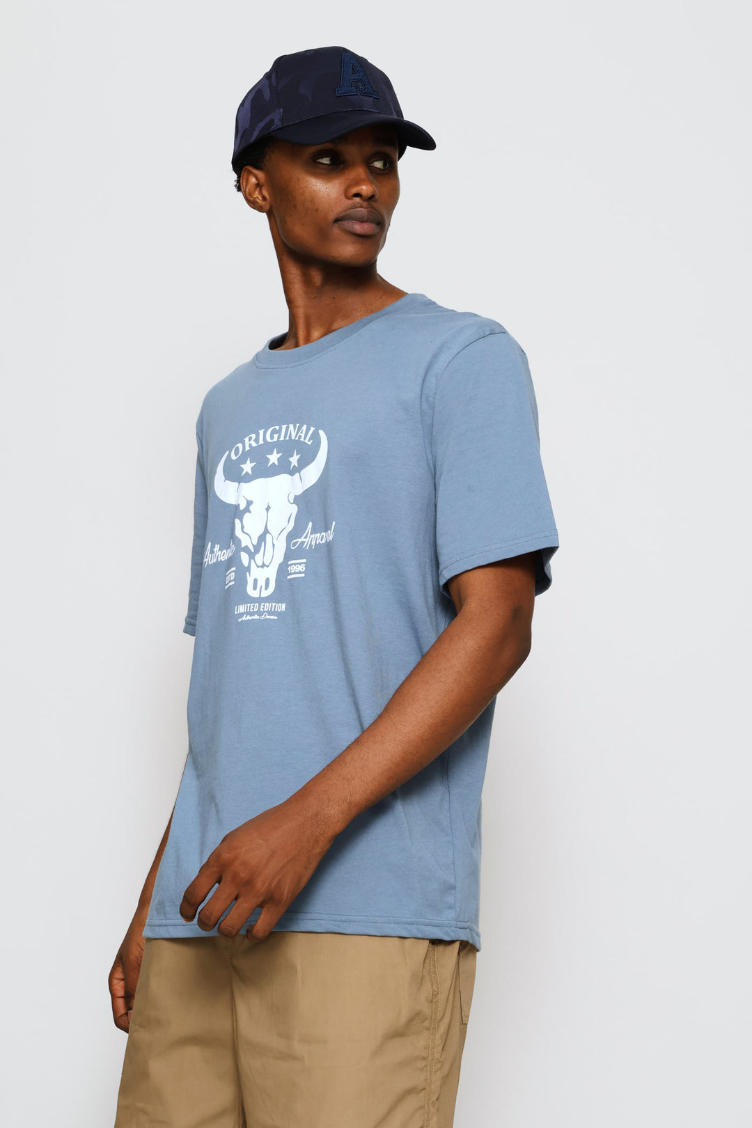 Bull Skull Print Tee - Dusty Blue