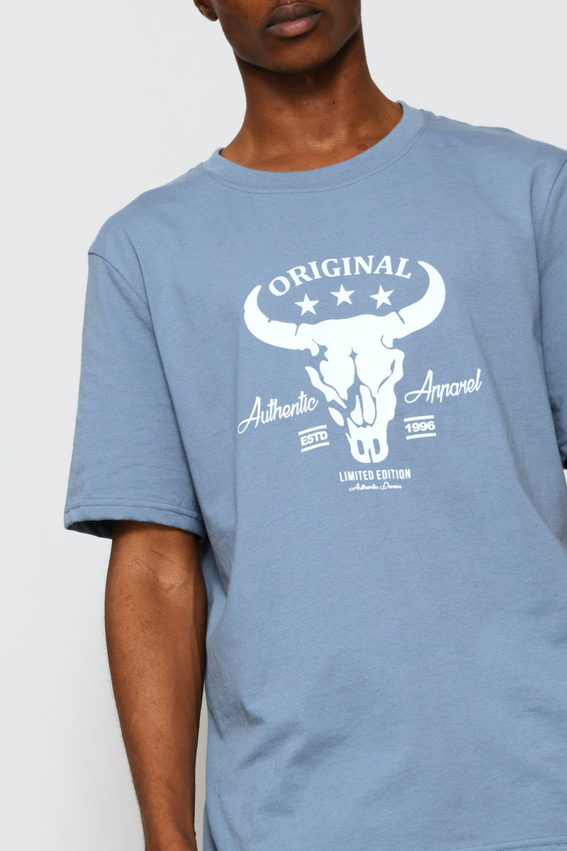 Bull Skull Print Tee - Dusty Blue