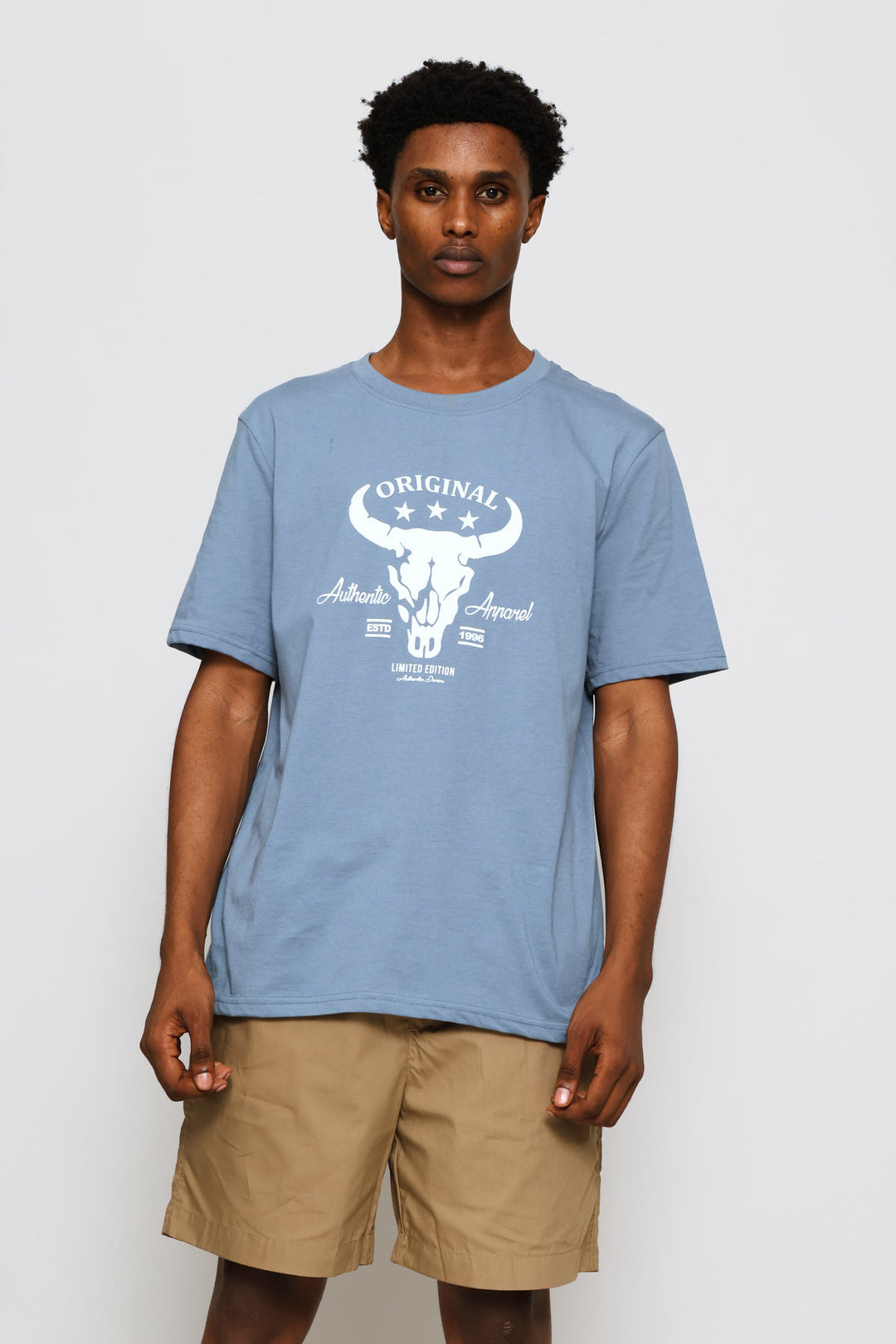 Bull Skull Print Tee - Dusty Blue