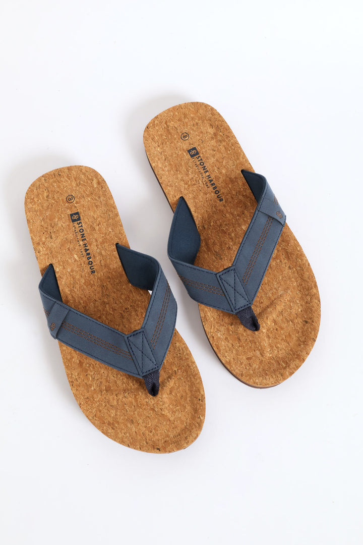 Cork Footbed Upper Wide Vamp Sandal - Navy