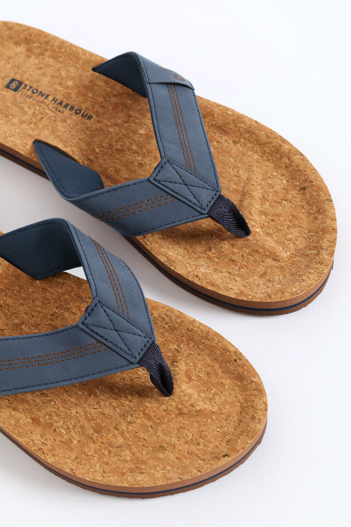Cork Footbed Upper Wide Vamp Sandal - Navy