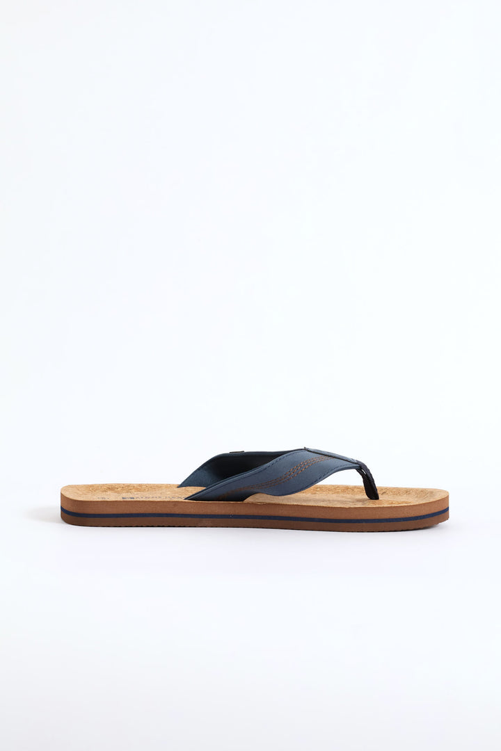 Cork Footbed Upper Wide Vamp Sandal - Navy
