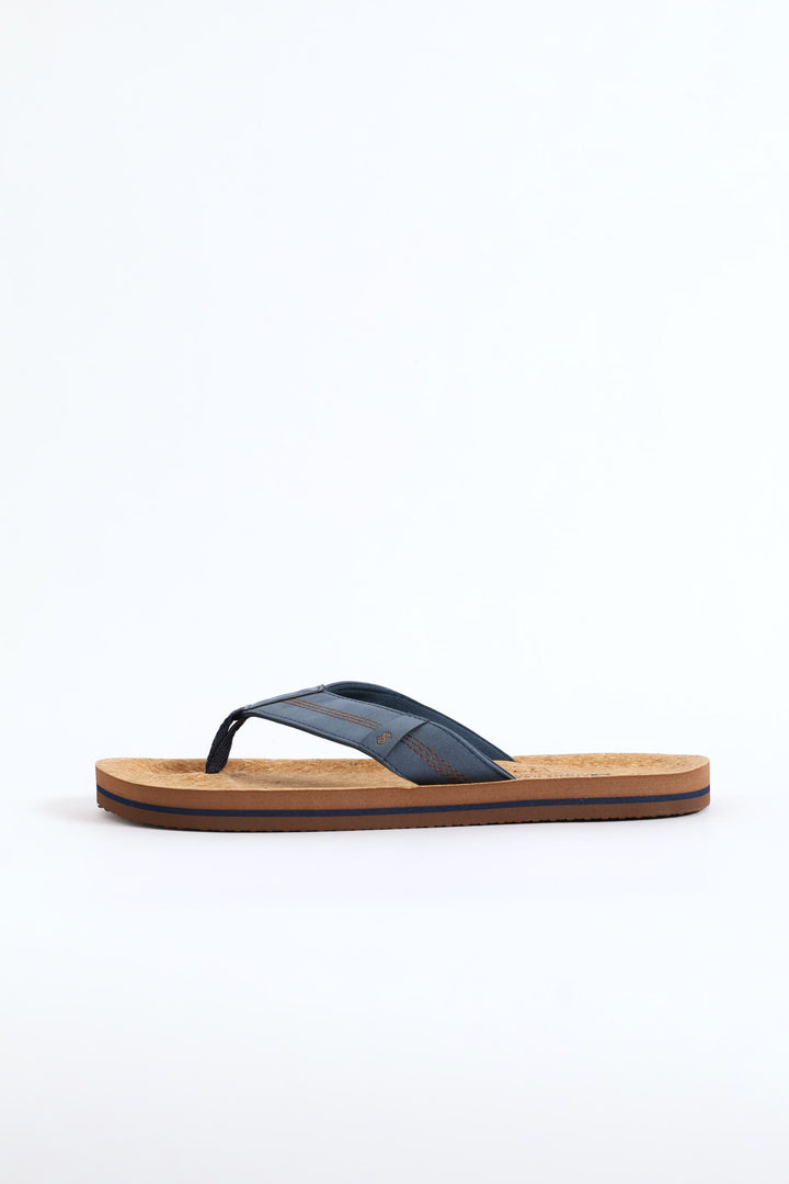 Cork Footbed Upper Wide Vamp Sandal - Navy