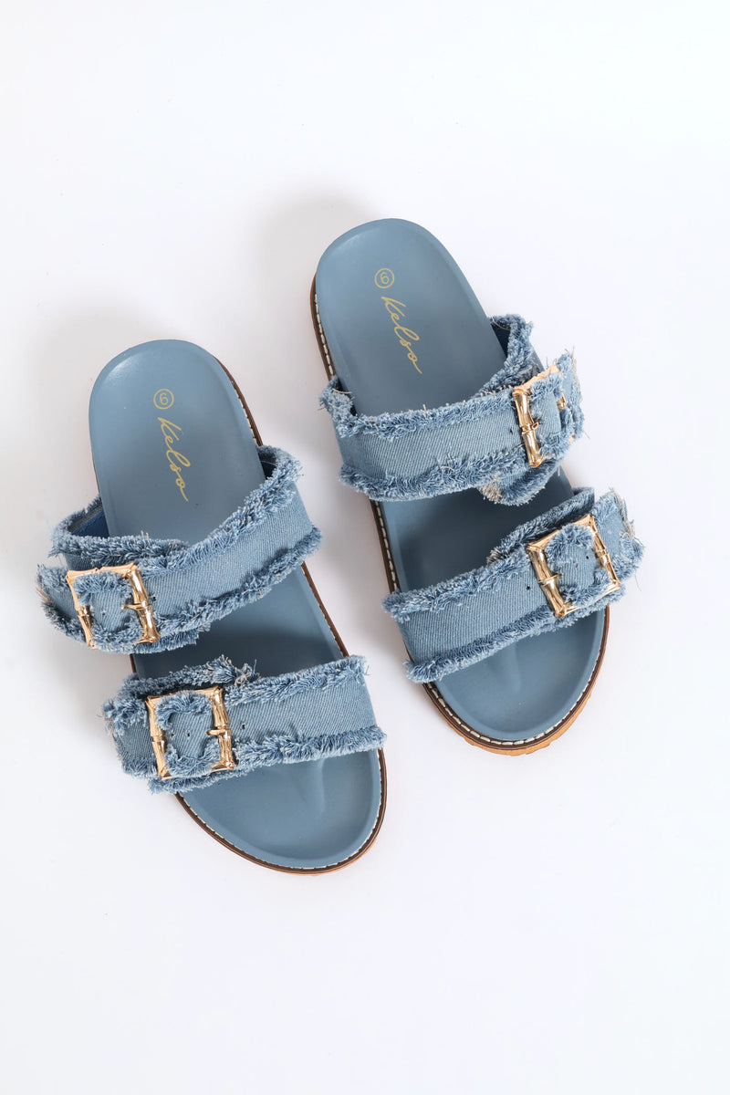 Bamboo Shaped Buckle Fringe Detail Slide Sandal - Denim