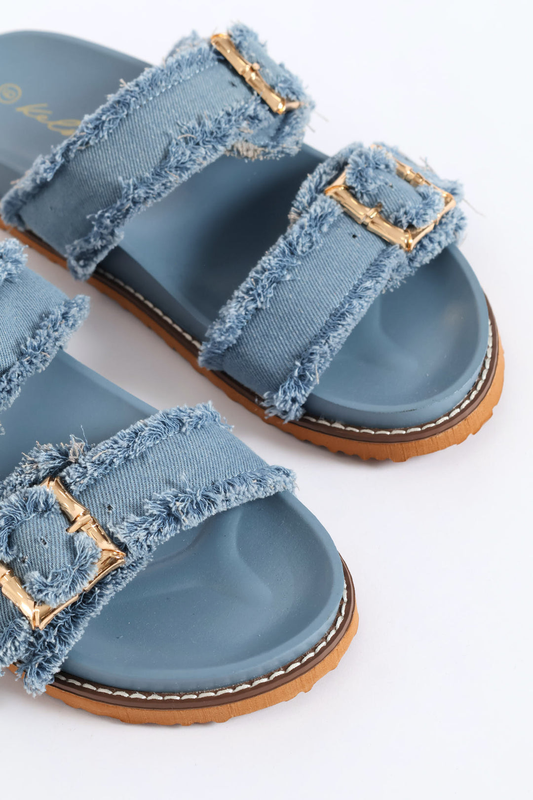 Bamboo Shaped Buckle Fringe Detail Slide Sandal - Denim