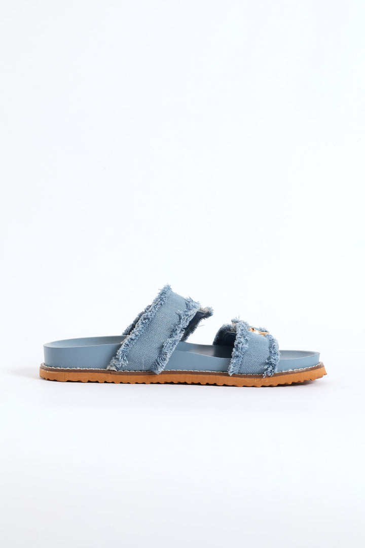 Bamboo Shaped Buckle Fringe Detail Slide Sandal - Denim