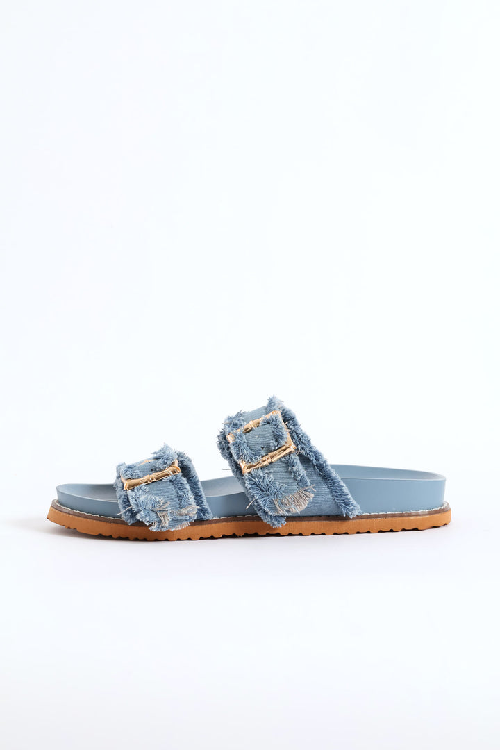 Bamboo Shaped Buckle Fringe Detail Slide Sandal - Denim