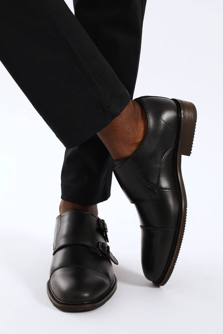 Leather Double Buckle Monk Shoe - Black