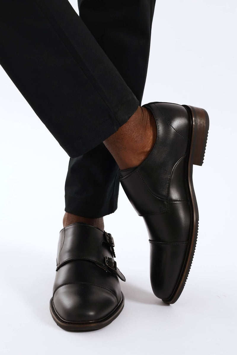 Leather Double Buckle Monk Shoe - Black