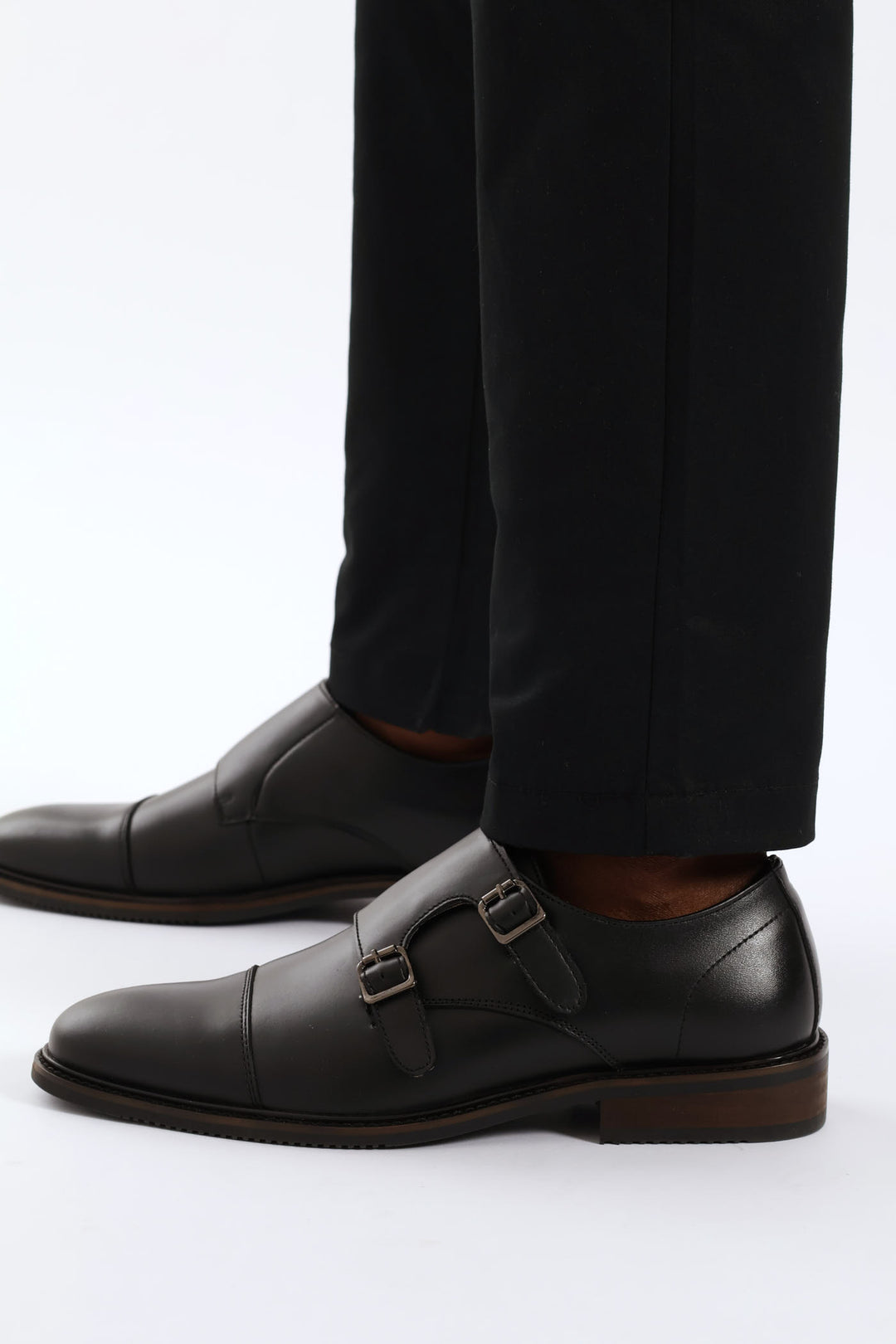 Leather Double Buckle Monk Shoe - Black