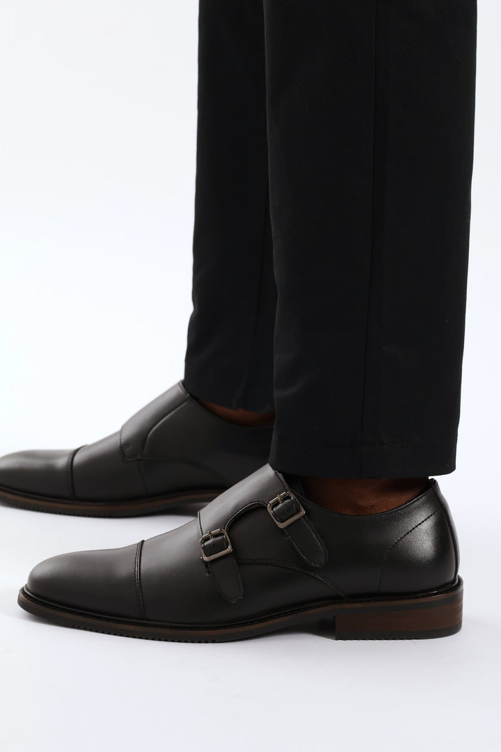 Leather Double Buckle Monk Shoe - Black